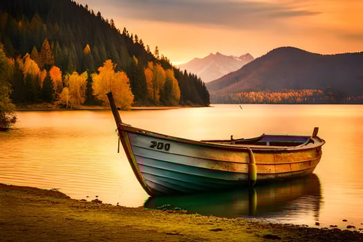 a boat on the lake at sunset. AI-Generated photo