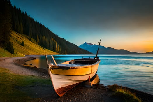 a boat sits on the shore of a lake at sunset. AI-Generated photo