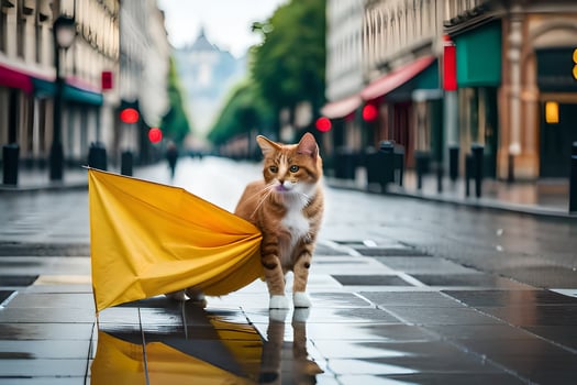 a cat is standing on a wet street with an umbrella. AI-Generated photo
