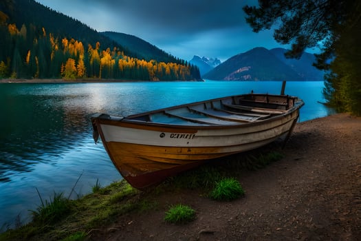 a boat sits on the shore of a lake. AI-Generated photo