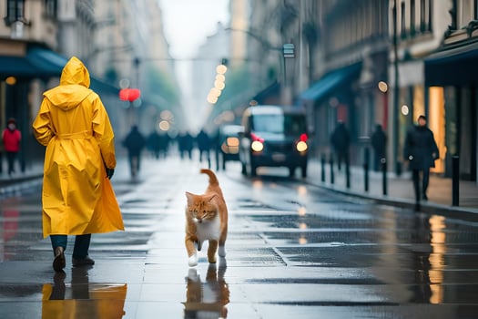 a person in a yellow raincoat walking with a cat on a rainy street. AI-Generated photo