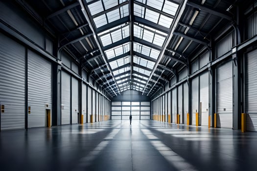 an empty warehouse with a large skylight. AI-Generated photo