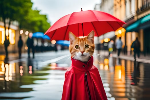 a cat in a red cape and red umbrella. AI-Generated photo