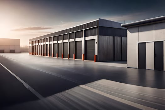 a warehouse with a large garage door. AI-Generated photo