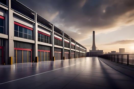 a long empty warehouse with a sunset in the background. AI-Generated photo