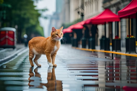 an orange cat walking on a wet street. AI-Generated photo