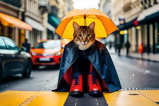 a cat sitting on the street with an umbrella. AI-Generated photo