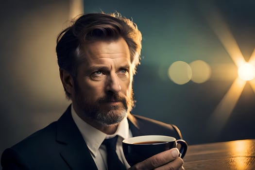 a man in a suit and tie holding a cup of coffee. AI-Generated photo