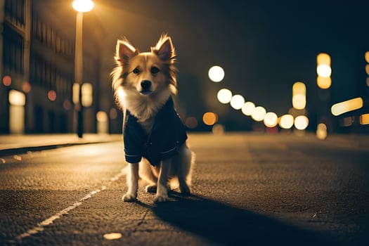 a dog in a jacket standing on the street at night. AI-Generated photo