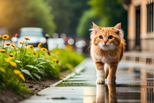 an orange cat walking along a wet street. AI-Generated photo