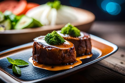 two pieces of meat on a black plate with sauce. AI-Generated photo