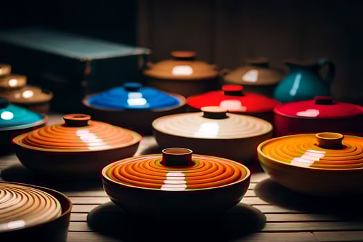 colorful bowls and lids on a wooden table. AI-Generated photo