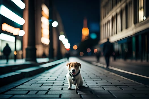 a dog sitting on the street at night. AI-Generated photo