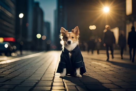 a dog in a suit sitting on the street. AI-Generated photo