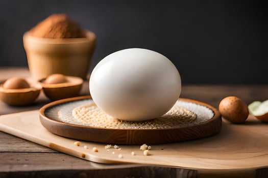 a white ball on a wooden plate with other ingredients. AI-Generated photo
