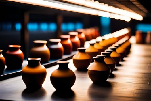 a row of vases lined up on a table. AI-Generated photo