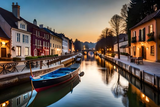 a boat is docked in a canal at sunset. AI-Generated photo