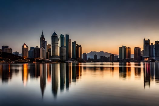 the city skyline is reflected in the water at sunset. AI-Generated photo