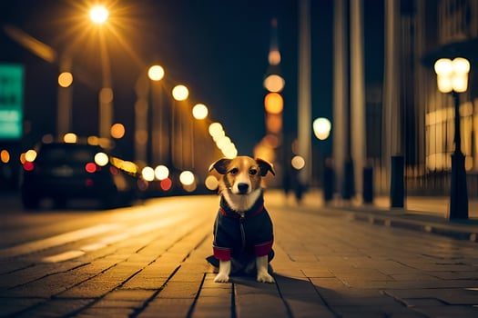 a dog sitting on the sidewalk at night. AI-Generated photo