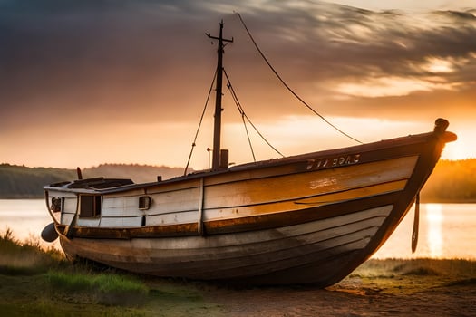 a boat sits on the shore at sunset. AI-Generated photo