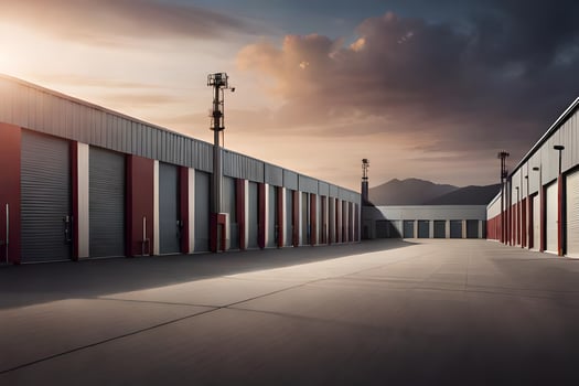 a large warehouse with a sun setting behind it. AI-Generated photo