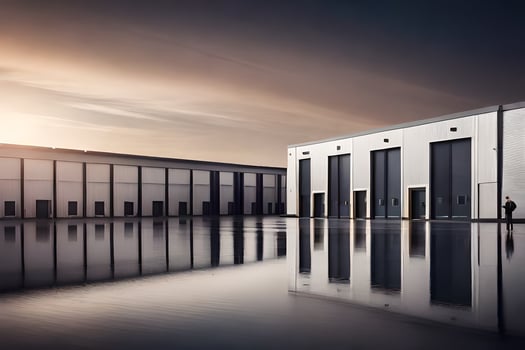 a building with a large garage in the middle of a lake. AI-Generated photo