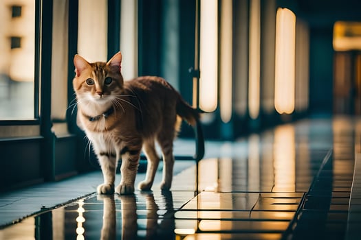 a cat walking along a hallway in a building. AI-Generated photo