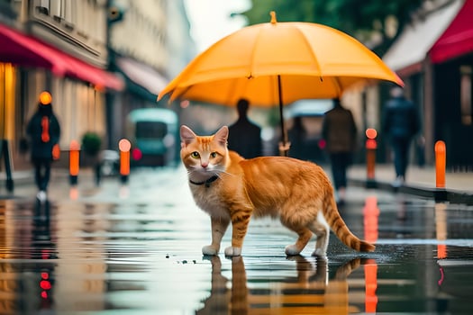an orange cat standing in the rain with an umbrella. AI-Generated photo