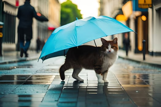a cat walking on a wet street with an umbrella. AI-Generated photo