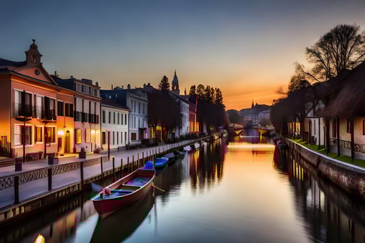 a boat is docked in a canal at sunset. AI-Generated photo
