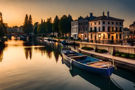 a boat is docked on a canal at sunset. AI-Generated photo