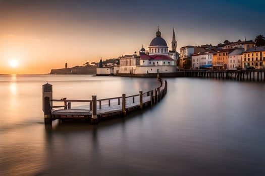 the sun sets over a pier in the water. AI-Generated photo