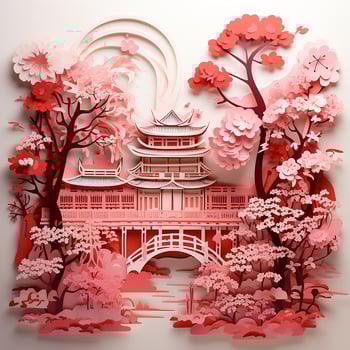 paper cut style, Japanese garden with cherry blossoms. decoration with beautifully blooming cherry trees, sakura and Japanese pagodas photo