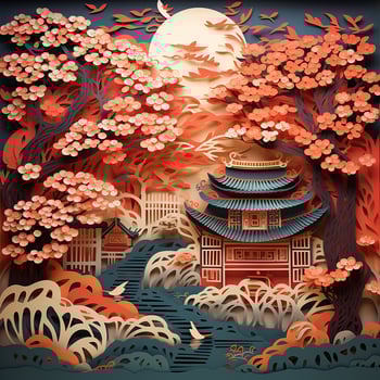 paper cut style, Japanese garden with cherry blossoms. decoration with beautifully blooming cherry trees, sakura and Japanese pagodas photo