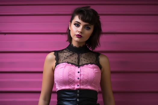 a woman in a pink top and leather skirt posing against a pink wall generative ai photo