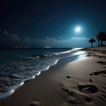 Beautiful night view, landscape with starry sky, sea and sand beach. Moonlight over the sea with palm trees on the beach at night. photo