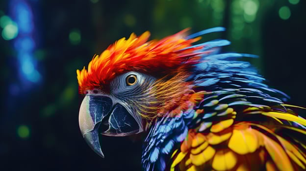 A Parrots Head in Neon Light A Stunning Wildlife Shot with Color Gels AI Generated photo