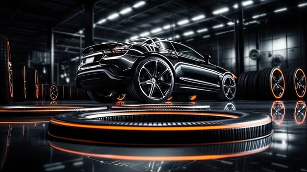 Closeup of beautiful alloy wheels of an expensive supercar. In the sports car sales center photo