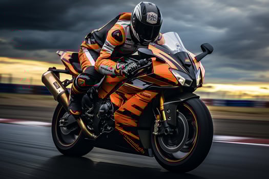 Motorcycle rider riding on the road at sunset. Sport bike. Ai Generated photo