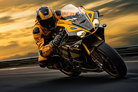 Motorcycle rider riding on the road at sunset. Sport bike. Ai Generated photo