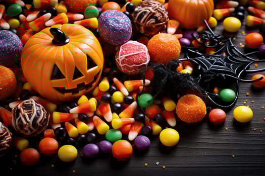 Halloween candies and sweets on black wooden background.AI Generated photo