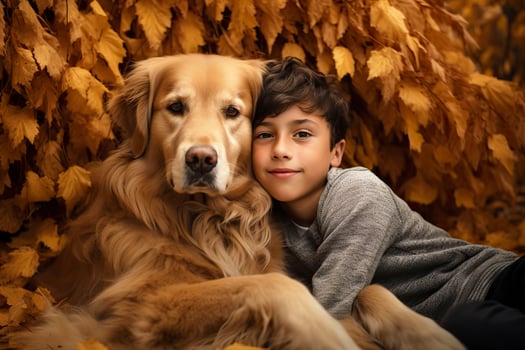 Boy hugging a golden retriever.AI Generated photo