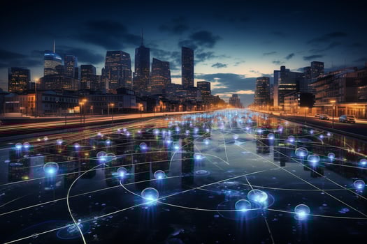 Modern cityscape buildings and digital connection concept. 3D rendering double exposure Ai Generated photo
