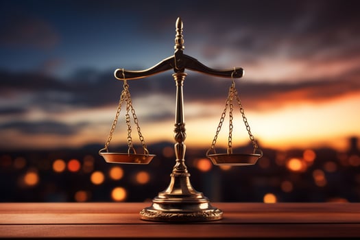 justice and law concept. scales of justice on the background of the city Ai Generated photo