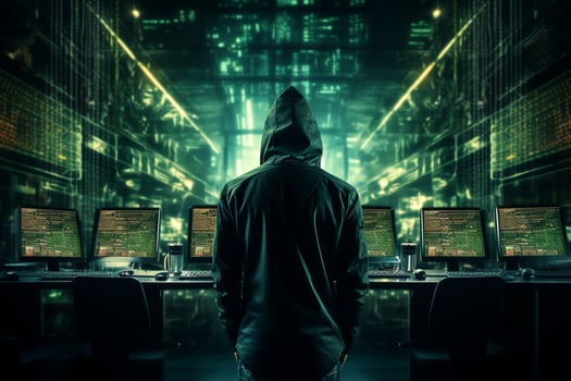 Hacker in hood stealing data from computer. Cyber crime concept. Ai Generated photo