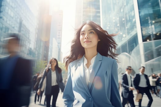 Beautiful Businesswoman Walking in Modern City, Asian Woman Walks on a Crowded Pedestrian Street, Business Manager Surrounded by Blur People on Busy Street. photo