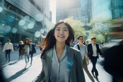 Beautiful Businesswoman Walking in Modern City, Asian Woman Walks on a Crowded Pedestrian Street, Business Manager Surrounded by Blur People on Busy Street. photo