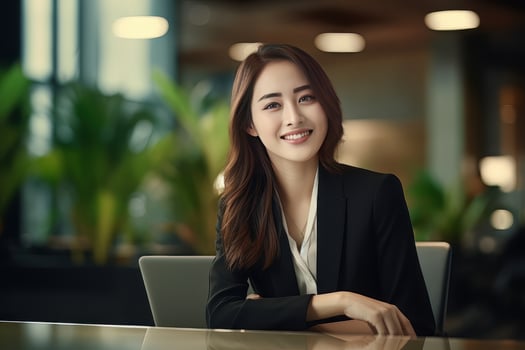 Portrait of a Beautiful Businesswoman in Modern Office, Asian Manager Looking at Camera and Smiling, Confident Female CEO Planning and Managing Company. photo