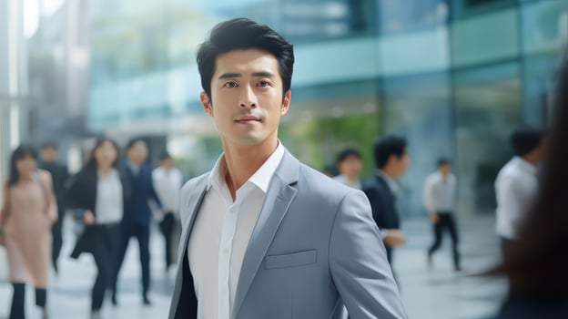 Asian Businessman Walking in Modern City, Handsome Man Walks on a Crowded Pedestrian Street, Asian Manager Surrounded by Blur People on Busy Street. photo