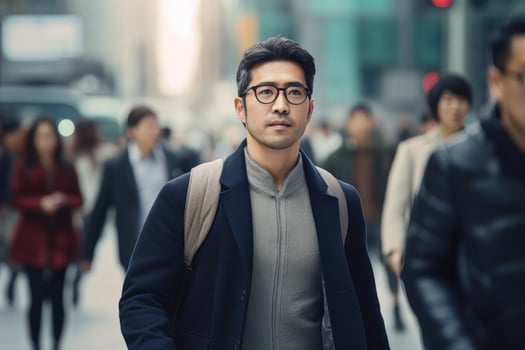 Asian Man Walking in Modern City, Handsome Asia Guy Walks on a Crowded Pedestrian Street. photo